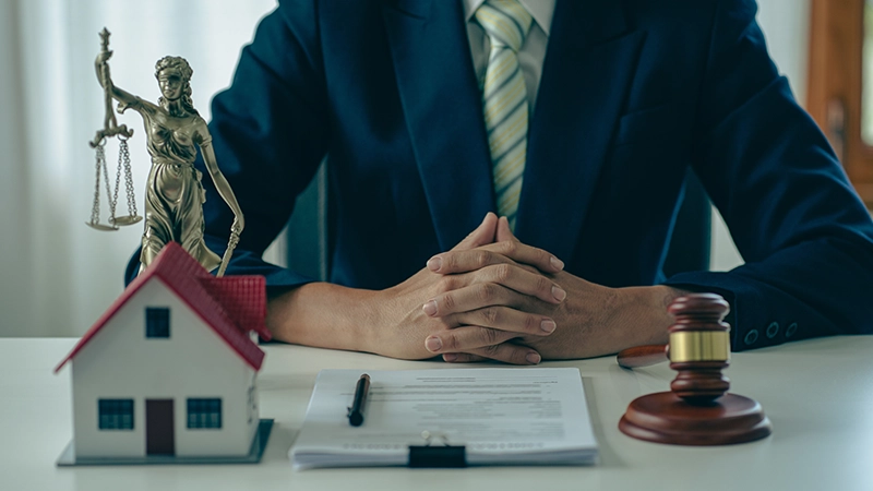 Gavel, house model, and lady justice statue symbolizing property law.